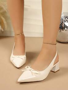 Women's New Spring/Summer Pointed Toe Small Bow Thin Back Strap Chunky Square Heel Low Vamp Commuter Backless Sandals Suitable For Light Business Casual - White - View 3