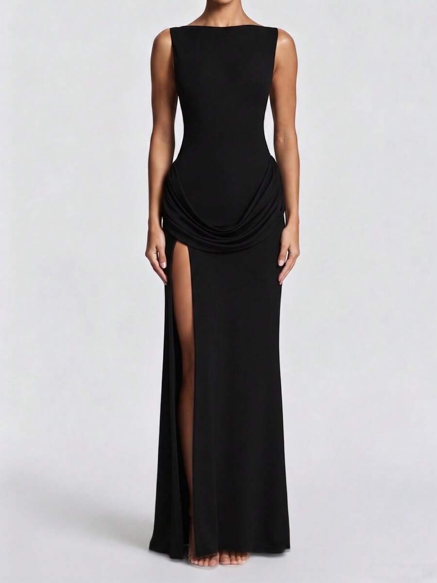 Summer Sexy Dress Ruched Bodycon Backless Slit Draped Long Dress Black Elegant Evening Party Night Out Dress For Women - Black - View 1