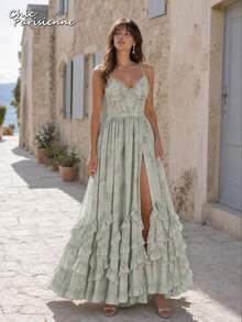 Green Floral Chiffon V-Neck Backless Tiered A-Line Maxi Dress - 綠色 - 查看 2