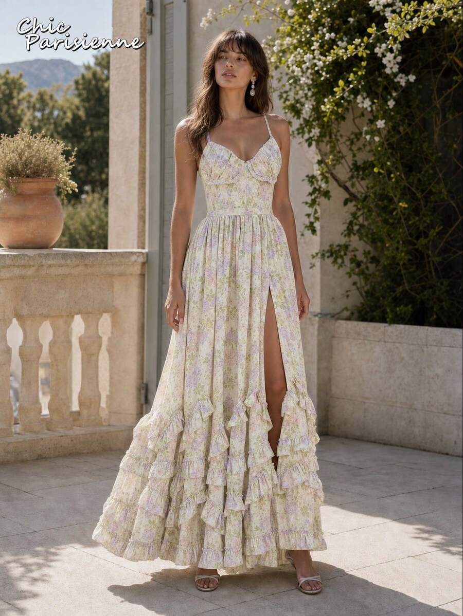 Yellow Floral Chiffon V-Neck Backless Tiered A-Line Maxi Dress - 黃色 - 查看 1
