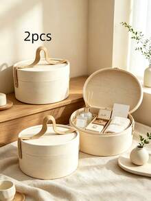 Natural Bamboo Woven Gift Box With Leather Handle, Round Handheld Storage Basket, Reusable Holiday Gift Packaging Box, Wedding Gift, Home Decor - Multicolor - View 7