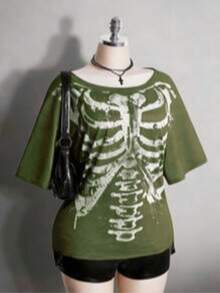 Colección verano 2026. Camiseta holgada mujer talla grande, estampado calavera y rosa gótico punk, estilo retro vanguardista. Tallas 3–7XL, apta otoño-invierno. Envío gratis 24h. - Verde - Ver 17
