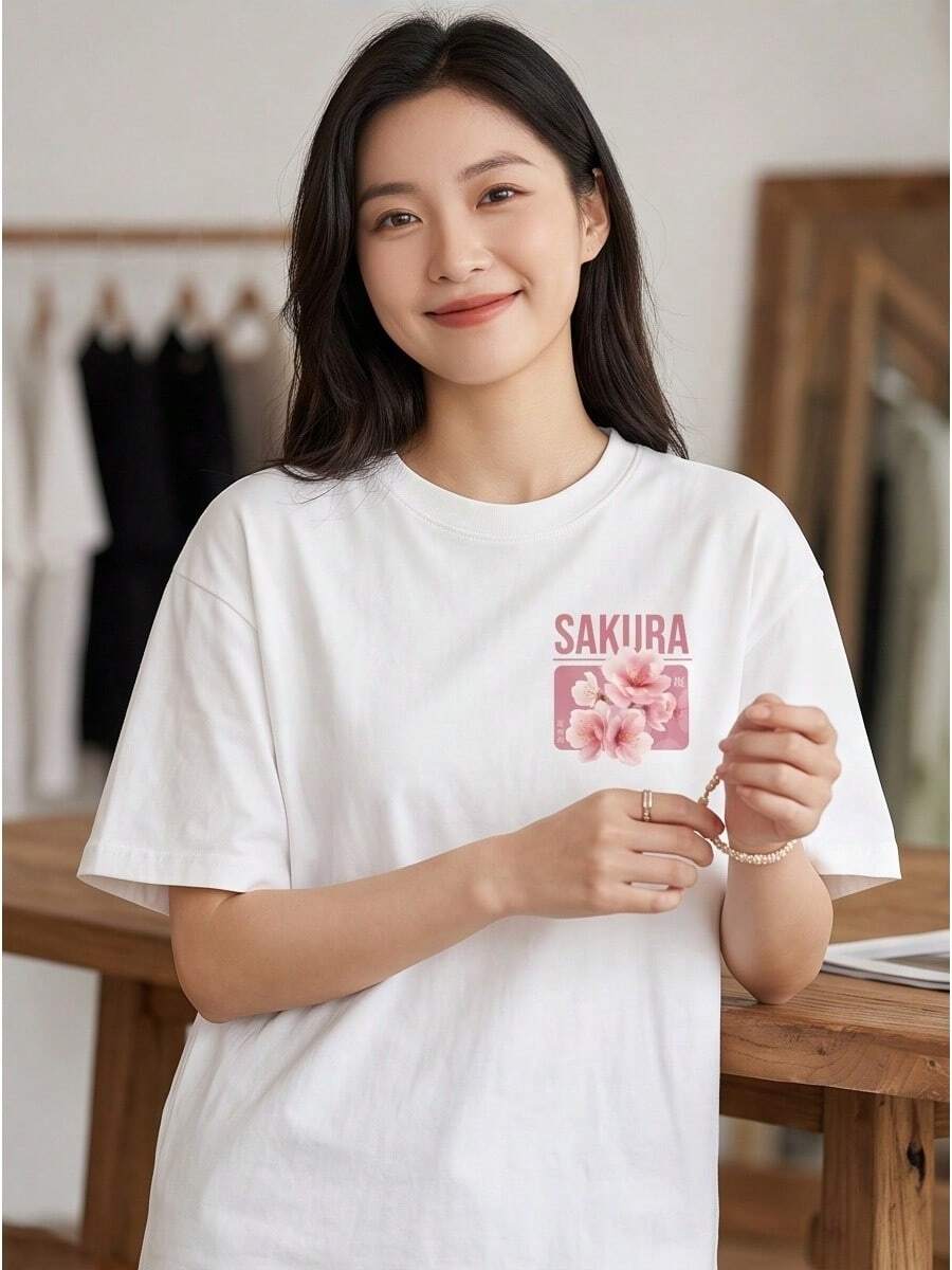 Japanese Pink Sakura Cherry Blossom Graphic Cotton Tee For Ladies, Crew Neck Short Sleeve Light All-Match Summer Daily Outfit - 白色 - 查看 1