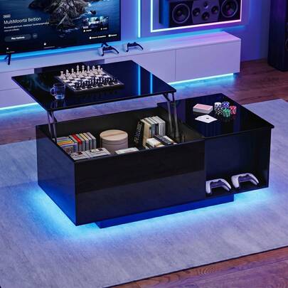 Modern Lift Top Coffee Tables With Adjustable LED Lights, Wood Coffee Table With Hidden Compartment & Storage Drawer, Large Tabletop, Coffee Table For Living Room, Meeting Room, Home Office,Black