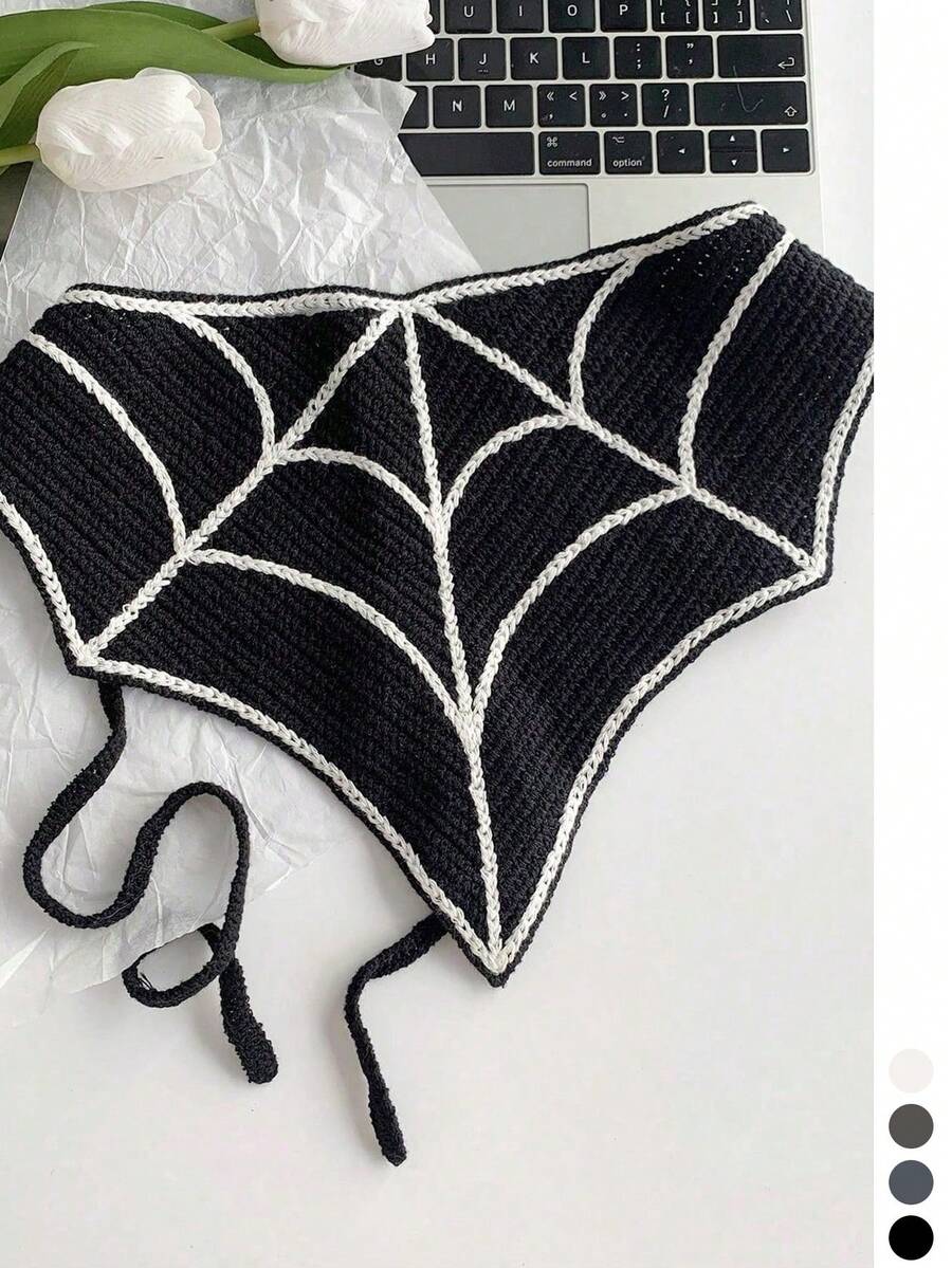 1pc Halloween Sweet & Cool Skeleton Knitted Triangle Bandana Headband For Women, Thin Spring/Summer Outdoor Photography Headscarf, Personalized Headwrap Hat, Cute Handmade Crochet Hair Accessory, Pumpkin/Cobweb/Vampire/Mummy/Ghost - Multicolor - View 1