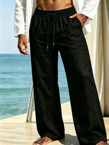 Men's Linen Straight Wide Leg Pants, Elastic Drawstring High Waist, Draped Loose Breathable Linen Casual Long Pants, Sporty Black - Black - View 3