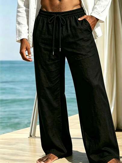 Men's Linen Straight Leg Wide Leg Pants, Elastic Drawstring High Waist, Draped Loose Breathable Linen Casual Long Pants