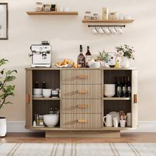 Gabinete de buffet de 47 pulgadas con almacenamiento, gabinete de barra de café con 4 cajones y 2 puertas deslizantes arqueadas, mesa de buffet de almacenamiento de madera moderna para cocina, sala de - Roble claro - Ver 6