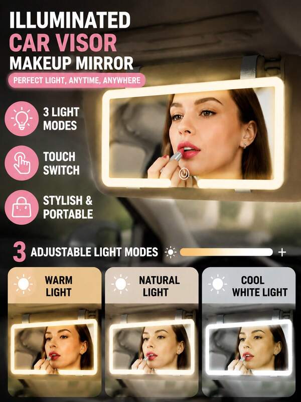 LED Auto-Make-up-Spiegel, Sonnenblenden-Schminkspiegel mit 3 einstellbaren Lichtmodi, Touch-Design, tragbarer Auto-Schönheitsspiegel, geeignet für Frauen und Mädchen, modisches Auto-Accessoire, perfektes Geburtstagsgeschenk für Ehefrau, Freundin, Mutter