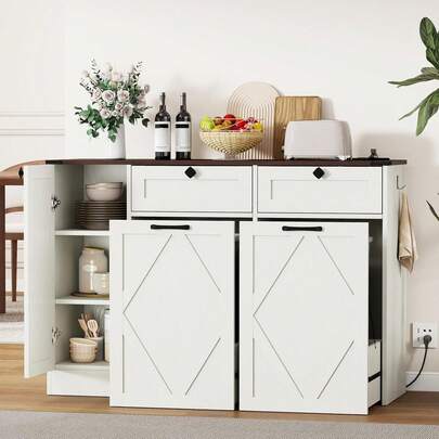 Tilt Out Trash Storage Cabinet, Twelve Gallon Kitchen Garbage Recycling Bin Holder Cupboard With Storage Drawers And Charging Station, Farmhouse Decorative Buffet Sideboard Organizer Furniture, White, One Piece