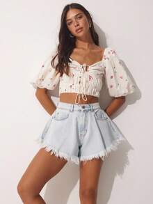 High Waist Washed Denim Pleated Frayed Hem Shorts - Baby Blue - View 3