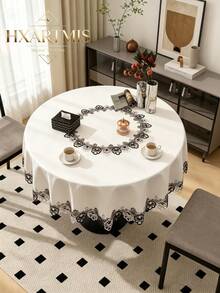 HXARTMIS 1pc Black Contrast Lace Trim Round Tablecloth, Pure White Dining Table Coffee Table Universal Table Cover, Home, Wedding, Party Decoration - White - View 7