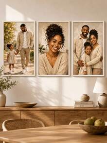 3 Pieces Set Customized Photo Canvas Wall Art, Personalized Geometric Portrait Print, 3 Independent Artworks, Optional Canvas Only, Natural White Wooden Frame Canvas Or Wall Hanging Scroll, Modern Home Decor Gift, Suitable For Anniversary, Birthday And Housewarming - Multicolor - View 3