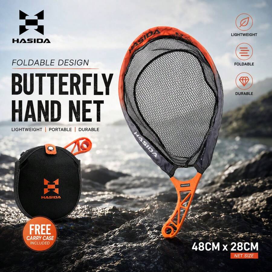 HASIDA Butterfly Bait Fishing Landing Net, Silicone Coated Mesh, Ultra-Lightweight Portable Pocket-Sized Folding Short Handle Fish Net - Black - View 1