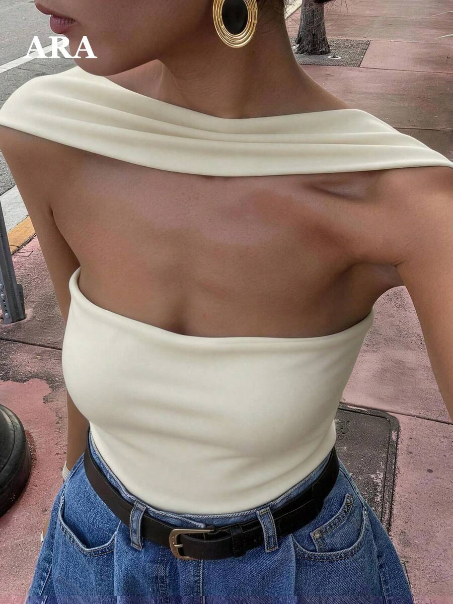 ARA CHIC 女款白色法式露肩掛脖短版背心上衣,優雅露背修身無袖上衣,適合約會 - 白色 - 查看 1
