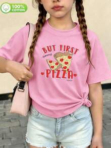 Girls Cotton Drop-Shoulder Short-Sleeved T-Shirt Featuring A Print Of Pizza Slices And The Words BUT FIRST PIZZA, In A Fun, Cute And Sweet Style - Light Wine Red - View 2