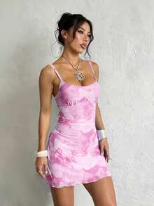 Women's Summer Dress, Pink Sexy Mesh Print Spaghetti Strap Dress, Suitable For Date, Party, Gathering, Vacation - Hot Pink - View 2