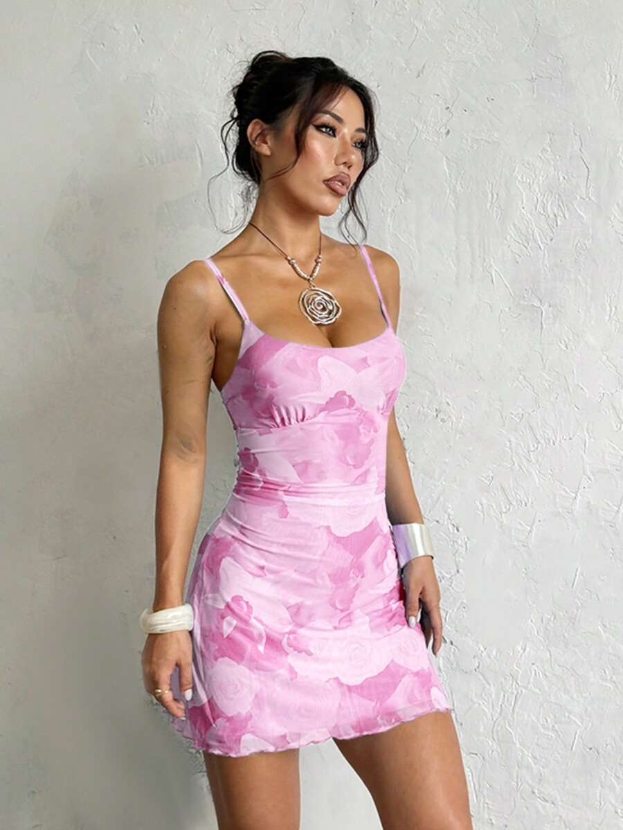 Women's Summer Dress, Pink Sexy Mesh Print Spaghetti Strap Dress, Suitable For Date, Party, Gathering, Vacation