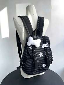 開學季小眾設計 Ins風 通勤外出日常購物 Y2K 骨骼貓爪小貓 Techwear 復古日系條紋大容量百搭學生背包 - 深灰色 - 查看 7