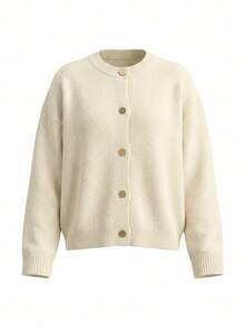 Women's Autumn/Winter Fashion Knit Cardigan, Minimalist Solid Color Loose Round Neck Drop Shoulder Long Sleeve Casual Home Daily Basic Sweater Jacket - Apricot - View 7