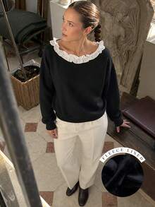 Women's Black Fleece Lined Sweatshirt, Ruffle Collar, Pleated Details, Long Sleeve, Perfect For Autumn - Black - View 5
