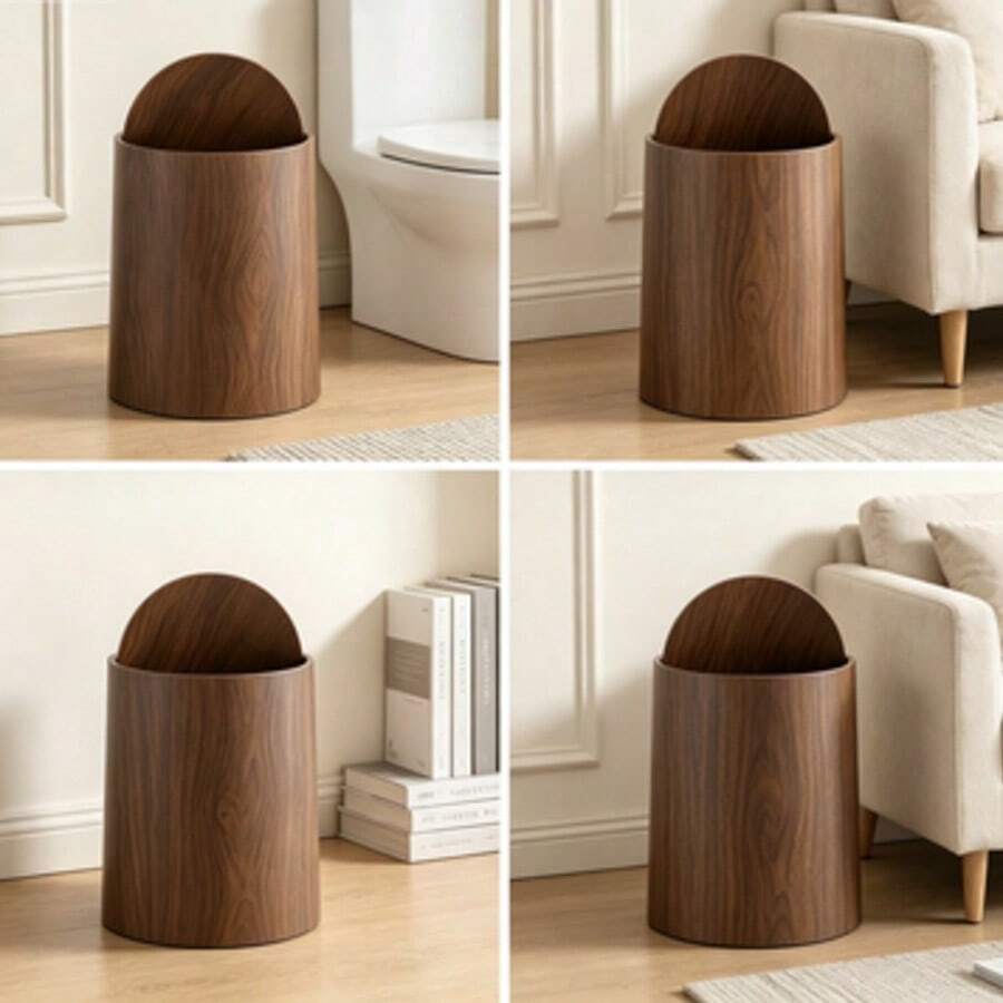 Faux Wood Grain Flip Lid Trash Can, Cylindrical With Lid Waste Bin, Home Decor - Multicolor - View 1
