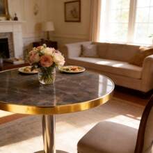 Modern Round Side Table With A Gold Stainless Steel Frame And Marble-Look Top For The Living Room, Luxury Side Table With A Sturdy Base. - 灰色 + 中密度纖維板 - 查看 8