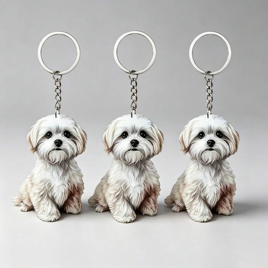 1 Set 3pcs Unisex Cute Cartoon Puppy Keychain, 2D Acrylic Animal Pendant Dog Mom Dad Puppy Lover Gift Charm - White - View 1