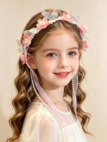 Children's Braided Hairband Flower Crown Headband For Girls, Princess Style Fairy Ribbon Hair Clip Head Accessory - 彩色 - 查看 5