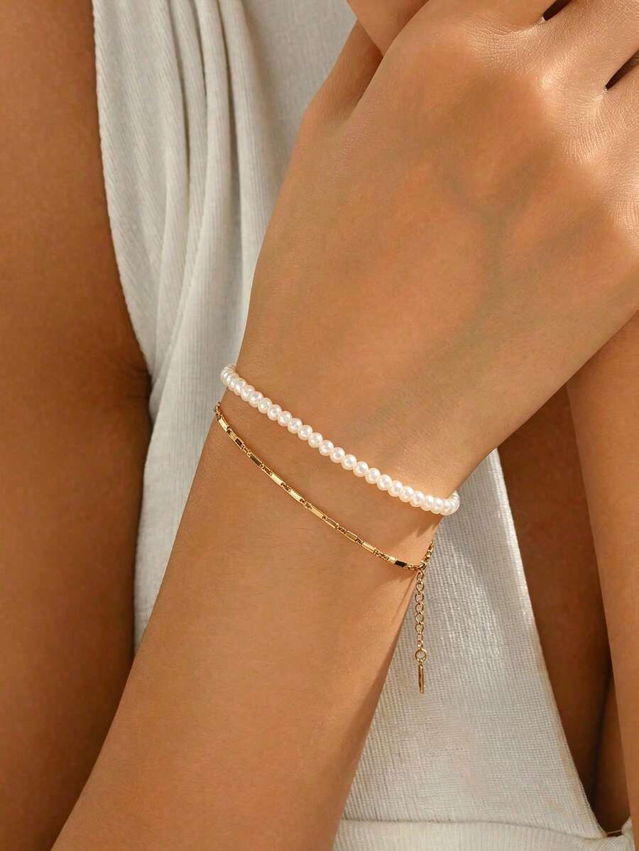 2pcs/Set Minimalist Stainless Steel Chain Layered Bracelet Set, Faux Pearl Decor, Fashionable Jewelry Gift For Women, Versatile For Holidays - Yellow Gold - View 1