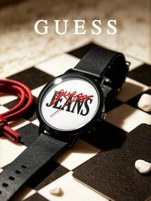 GUESS Minimalist Large Letter Print Dial Contrast Red Hands 5ATM Waterproof Casual Couple Watch V1022M2 - Black - View 2