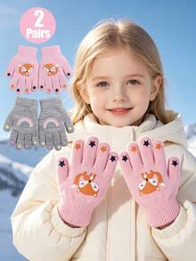 1 Pair/2 Pairs Toddler Cartoon Print Knitted Gloves, Elastic Ribbed ...