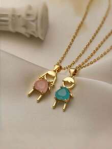 1pc European & American Minimalist Copper Plated Gold Heart-Shaped Zirconia Couple Pendant Necklace Set For Boys & Girls Exquisite For Daily Wear And Gift - Gold - View 1