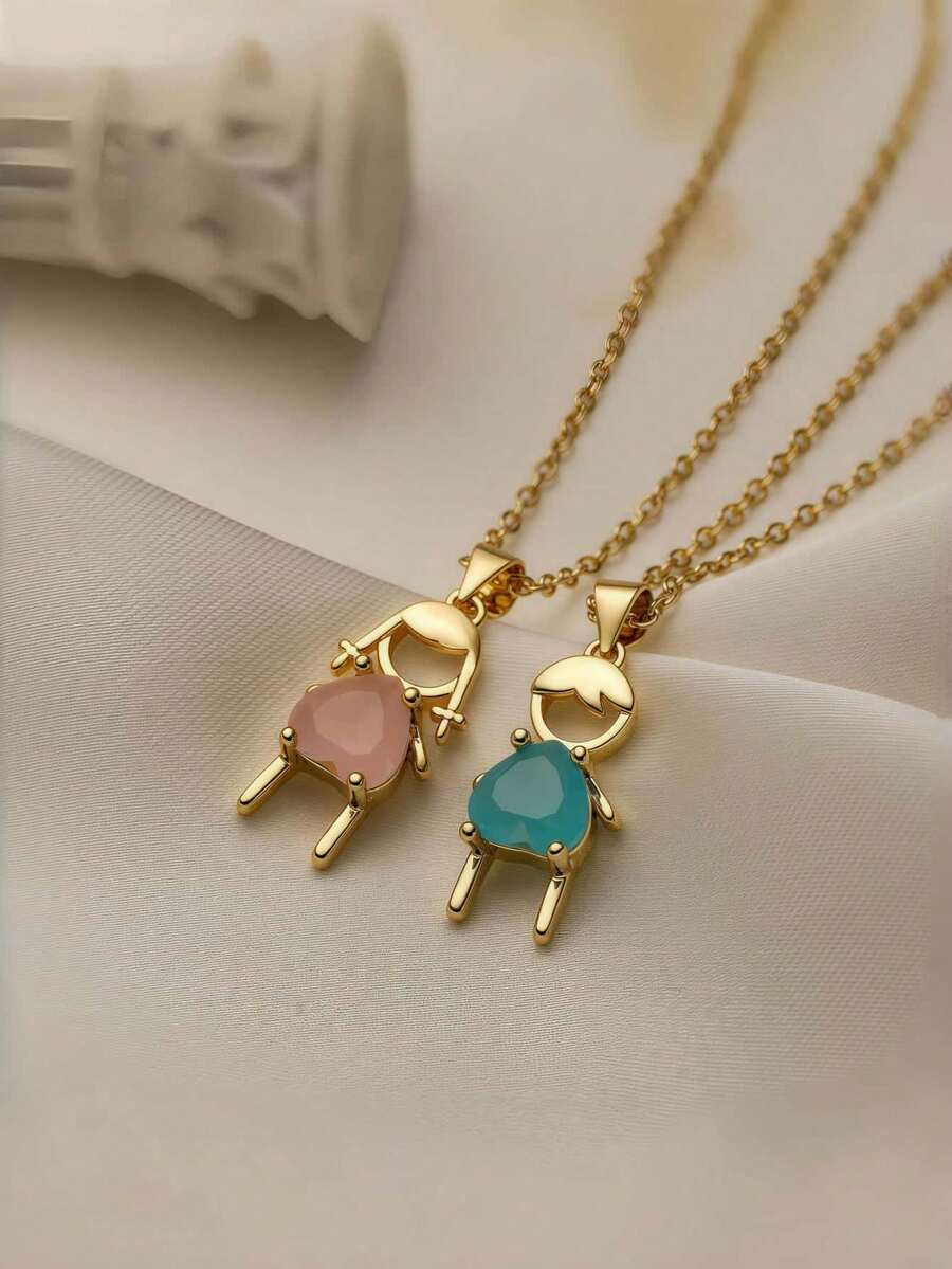 1pc European & American Minimalist Copper Plated Gold Heart-Shaped Zirconia Couple Pendant Necklace Set For Boys & Girls Exquisite For Daily Wear And Gift - Gold - View 1