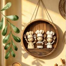 2D Flat Design Chef Logo Hanging Decor, Charming Round Wooden Wall And Porch Decorative Plaque, Art Deco Style, Multi-Purpose Indoor And Outdoor Hanging Ornament, Suitable For All Seasons, Rustic Porch Decoration, Gift For Friends - Khaki - View 2