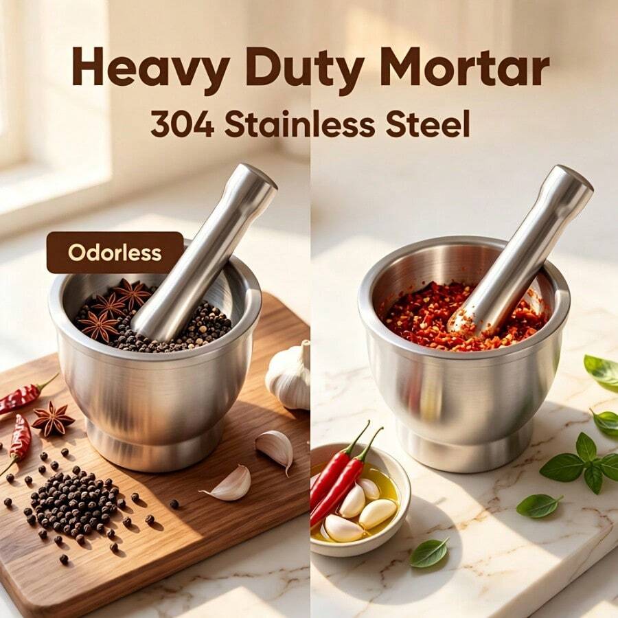 4PCS 304 Stainless Steel Mortar And Pestle Set  Garlic Masher Spice Grinder With Clear Splash Proof Lid Non Slip Base, For Home Kitchen Restaurant Outdoor Camping