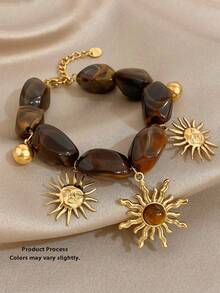 Bracelet de femme de luxe vintage bohème avec charme de soleil doré, en acier inoxydable avec bijoux de main en acrylique, cadeau d'été pour maman, pour usage quotidien, fête, anniversaire, Saint-Valentin - Multicolore - Voir 11