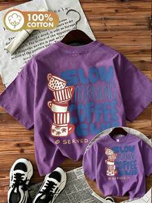 Women's Double-Sided Print Coffee Cup Tee, Hand-Painted Style "Slow Morning Coffee Club" Graphic, Round Neck Short Sleeve 100% Cotton Summer Top - 紫色 - 查看 7