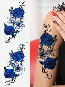 2 hojas de pegatinas de tatuaje con patrón Floral, apliques de tatuaje de rosa, parche de tatuaje para brazo,tatuajes maquina para tatuar tatuajes falsos - Azul - Ver 9
