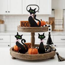 1pc Wooden Black Cat Tabletop Sign Decor, With Pink Bow And Green Cat Eyes Glow In Dark Sticker Decoration, Autumn Halloween Household Desk Shelf Party Supplies. - Multicolor - View 7