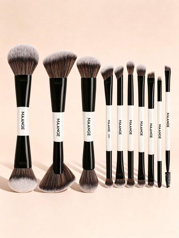 MAANGE 10pcs Dual-Ended Professional Makeup Brush Set, Foundation Brush, Concealer Brush, Powder Brush, Blush Brush, Contour Brush, Highlighter Brush, Eyeshadow Brush, Brow Brush, Eyeliner Brush, Detail Brush, Suitable For Daily Makeup, Travel Essential Makeup Brush Set, Great Gift For Women And Girls