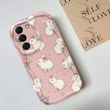 Creative White Rabbit & Flower Pattern Creamy Wavy Asymmetric Edge Protective Phone Case Compatible With Samsung A14/A15/A16/A17/A04/A05/A06/A07/A54/A55/A56/A57/A34/A35/A36/A37/S26/S26Plus/S26Ultra/Transsion SMART7/8/9/10/Honor 400/400Pro/200/200Pro/X7C/X8C/X9C/ 10C/13C - White - View 3