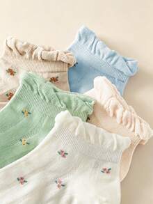 1/5 Pairs Women's Spring/Summer Macaron Ditsy Floral Ruffle Edge Casual Pastoral Style Short Socks, Suitable For Home And Daily Wear - Multicolor - View 5