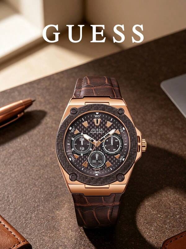 GUESS Plaid Texture Dial Day Date 24-Hour Display 10ATM Waterproof Business Sports Men's Watch W1058G2