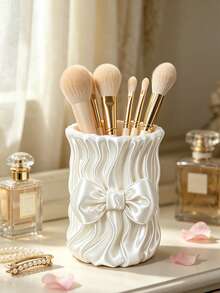 Cute Bow Satin Makeup Brush Holder, Pleated Silky Cosmetic Storage Cup, Decorative Desktop Storage Container Suitable For Vanity, Girls Makeup Accessories - Multicolor - View 2