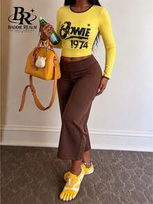 BADDIE REALM Set Pakaian Dalam Wanita 2 Potong Motif Huruf Elastis untuk Sehari-hari - Kuning - View 4