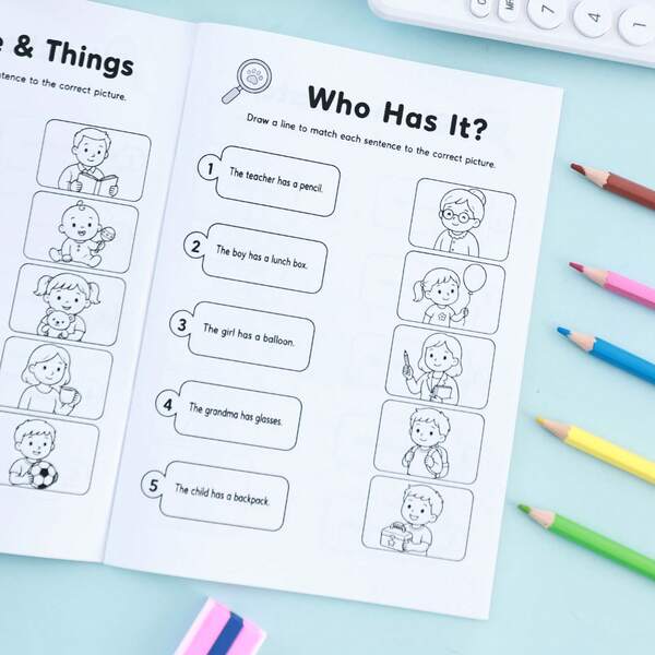 Cuaderno de ejercicios de emparejamiento de frases y dibujos de estilo detective para niños en inglés, libro de ejercicios de lectura y emparejamiento de frases cortas en inglés para niños, útiles escolares de vuelta a clases, regalo de aprendizaje de emparejamiento de frases para vacaciones