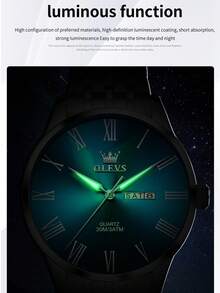 OLEVS 3633 Men's Business Minimalist Original Quartz Watch, Waterproof Luminous Stainless Steel Dual Calendar Display Watch - Blue - View 7