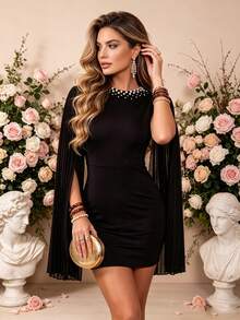 Joyfunear Women's Pleated Split Sleeve Fitted Dress Elegant Black - Black - View 4