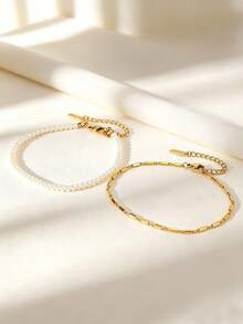 2pcs/Set Minimalist Stainless Steel Chain Layered Bracelet Set, Faux Pearl Decor, Fashionable Jewelry Gift For Women, Versatile For Holidays - Yellow Gold - View 3
